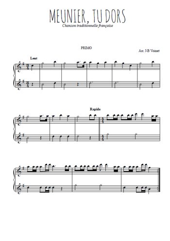 Téléchargez l'arrangement pour piano 4 mains de la partition de Meunier, tu dors en PDF